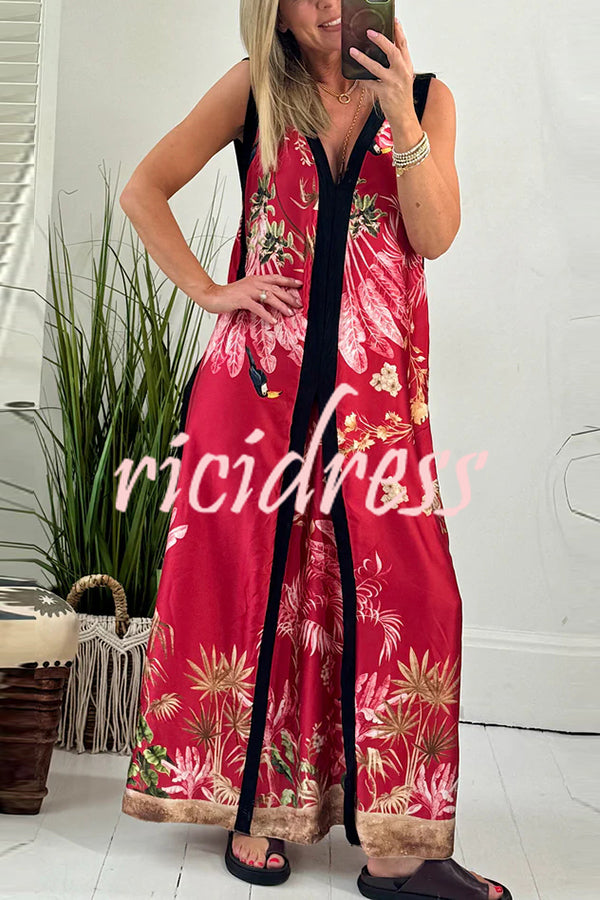 Vanna Unique Tropical Print Black Patchwork Detail A-line Maxi Dress