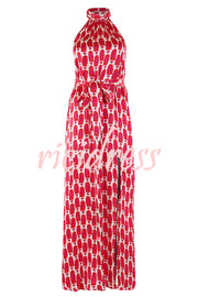 Unique Printed Sleeveless Halterneck Tie-waist Slit Maxi Dress