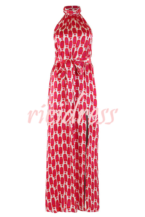 Unique Printed Sleeveless Halterneck Tie-waist Slit Maxi Dress