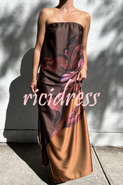 Drawing Inspiration Satin Floral Print Off Shoulder A-line Slit Maxi Dress