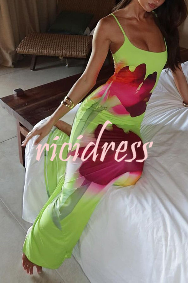 Botanical Floral Print Suspender Backless Slim Fit Slit Holiday Maxi Dress