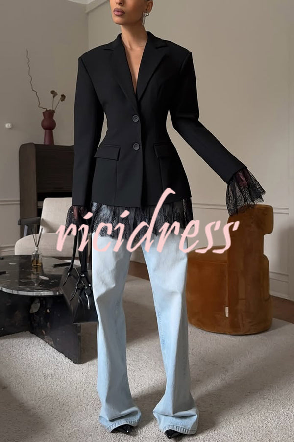Solid Color Lace Panel Long Sleeve Button Elegant Blazer