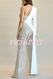 Fashionable Sequined Patchwork One-sided Long-sleeved Asymmetrical Jumpsuit