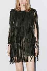 Modern Times Faux Leather Layered Tassel Design Sleeveless H-line Mini Dress