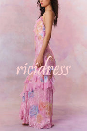 Multicolor Tie-dye Sexy Backless Wave-hem Strap Maxi Dress