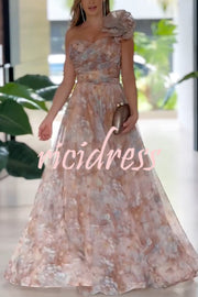 Romantic Ball Chiffon Floral One-shoulder Pleated Design Back Lace-up Gown Maxi Dress