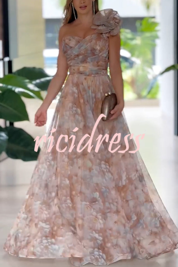 Romantic Ball Chiffon Floral One-shoulder Pleated Design Back Lace-up Gown Maxi Dress