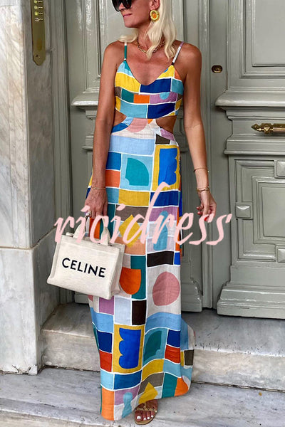 Alma Linen Blend Colorful Unique Print Cutout Back Tie-up Maxi Dress