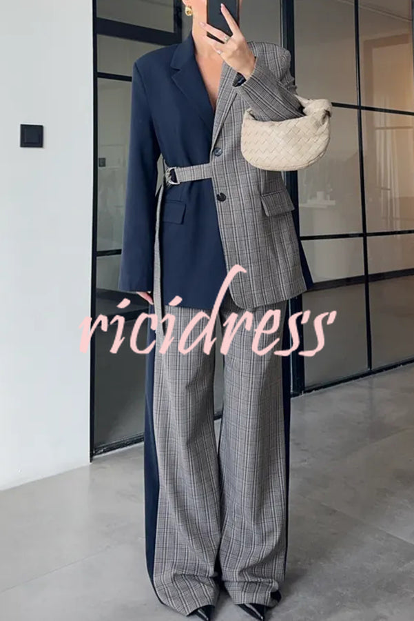 Nayla Plaid Contrast Color Belted Long Sleeve Lapel Blazer and Pocketed Wide Leg Pants Set