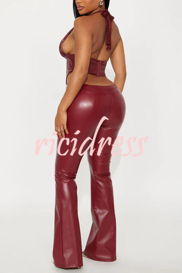 Style Challenge Stretch Faux Leather Lace Halter Tank and Zipper Waist Flare Pants Set