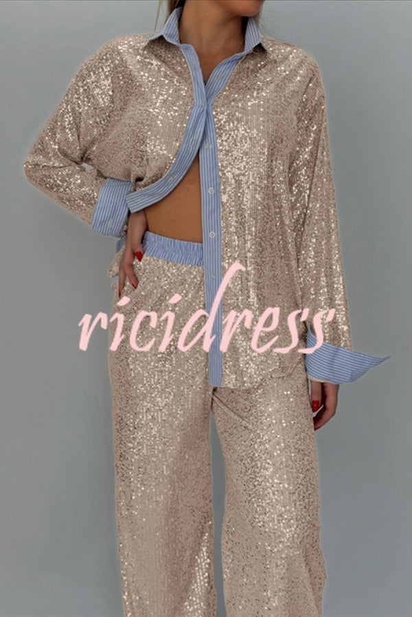 Fashion Sequined Loose Long-sleeved Shirt and Casual Elastic Waist Wide-leg Pants Set