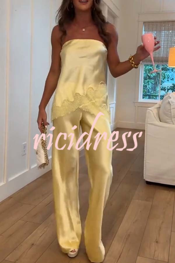 Odessa Satin Floral Lace Hem Strapless Tank and Mid Rise Wide Leg Pants Set