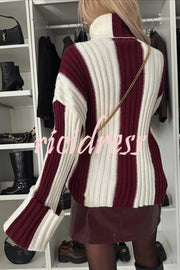 Comfort and Warmth Knit Color Block Long Sleeve Turtleneck Sweater