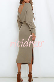 V Neck Dolman Sleeve High Waisted Lace Up Knit Midi Dress