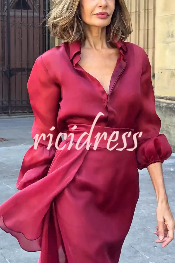 Lily Chiffon Bow Detail Puff Sleeve Blouse and Elegant Layered Maxi Skirt Set
