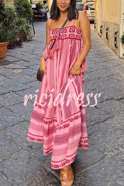 Unique Printed Patchwork Fringed Lace-up Maxi Dress