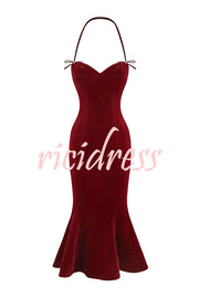 Althea Velvet Sweetheart Neck Bow Strap Fishtail Hem Stretch Midi Dress