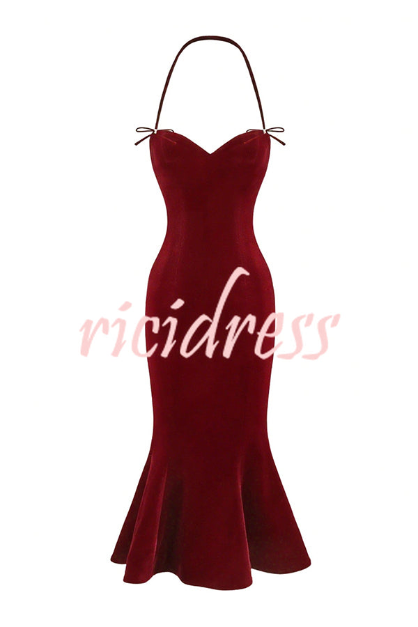 Althea Velvet Sweetheart Neck Bow Strap Fishtail Hem Stretch Midi Dress