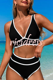 Solid Color Contrast High Waist Stretch Bikini Swimsuit