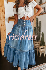 Bohemian High Rise Button Up Loose Denim Pocket Maxi Skirt