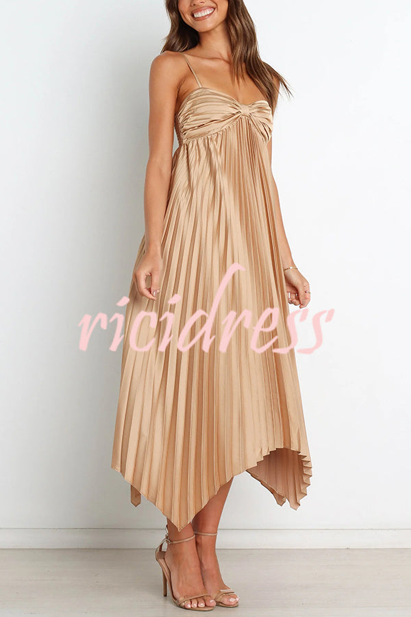 Solid Color Sexy Suspender Pleated Irregular Midi Dress