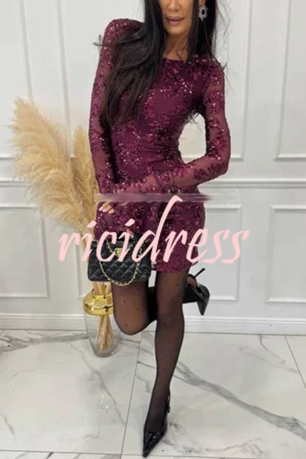 Deep and Dazzling Floral Texture Sequin Long Bell Sleeve Open Back Mini Dress