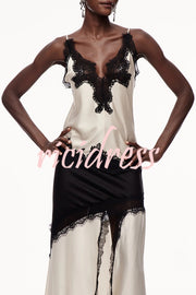 Party Focus Contrast Color Satin Lace Trim V-Neck Slip Tank