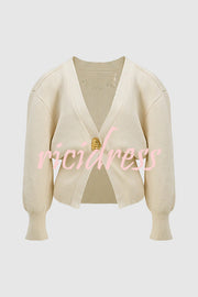 Only Yours Knit Metal Leaf Shape Button Lantern Sleeve Relaxed Cardigan