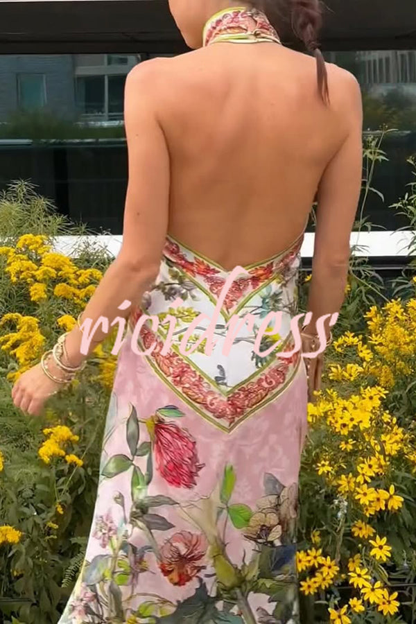 Botanical Print Sexy Sleeveless Open Back Maxi Dress
