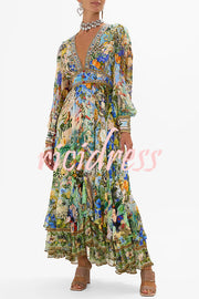 Fairy Tale Print V-Neck Lantern Sleeve Waist Maxi Dress