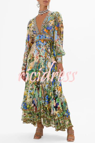 Fairy Tale Print V-Neck Lantern Sleeve Waist Maxi Dress