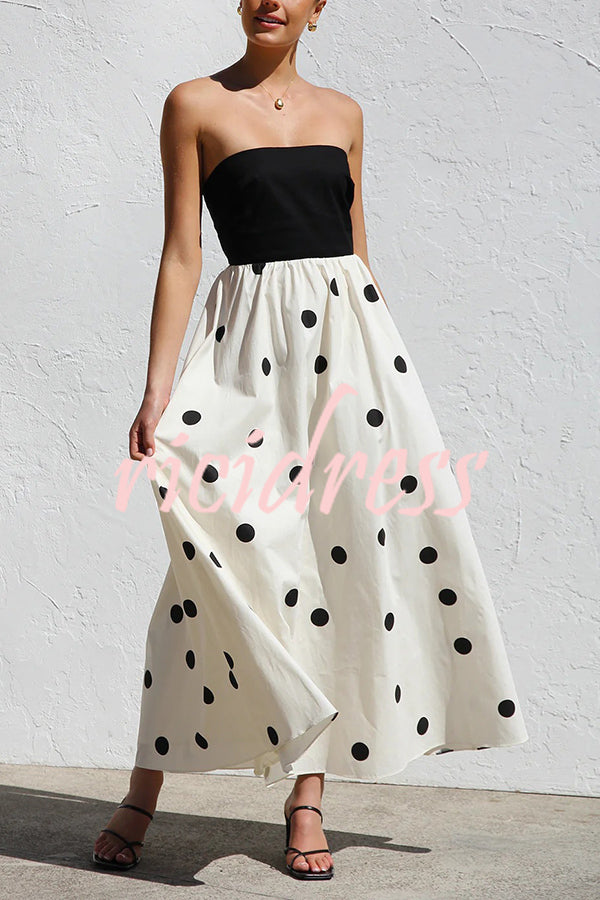 Polka Dot Print Off-shoulder Contrast Color Maxi Dress