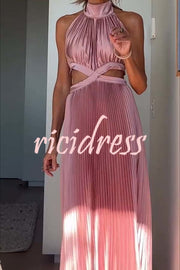 Stunning Choice Satin Pleated Halter High Neck Cutout Waist Backless Maxi Dress