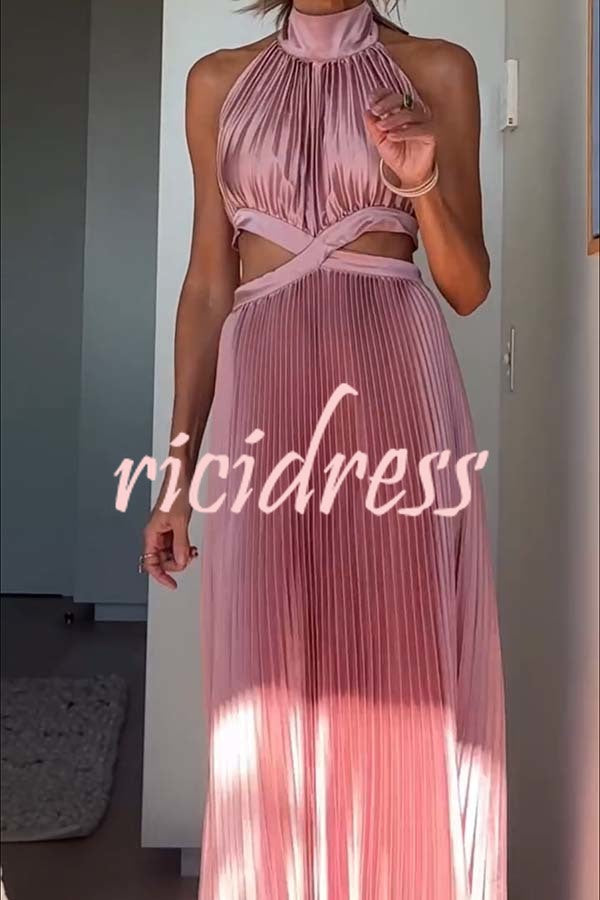 Stunning Choice Satin Pleated Halter High Neck Cutout Waist Backless Maxi Dress