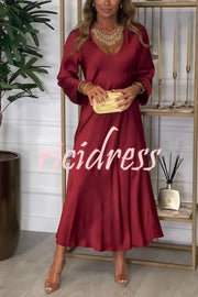 Solid Color V-neck Long-sleeved Loose Draped Maxi Dress