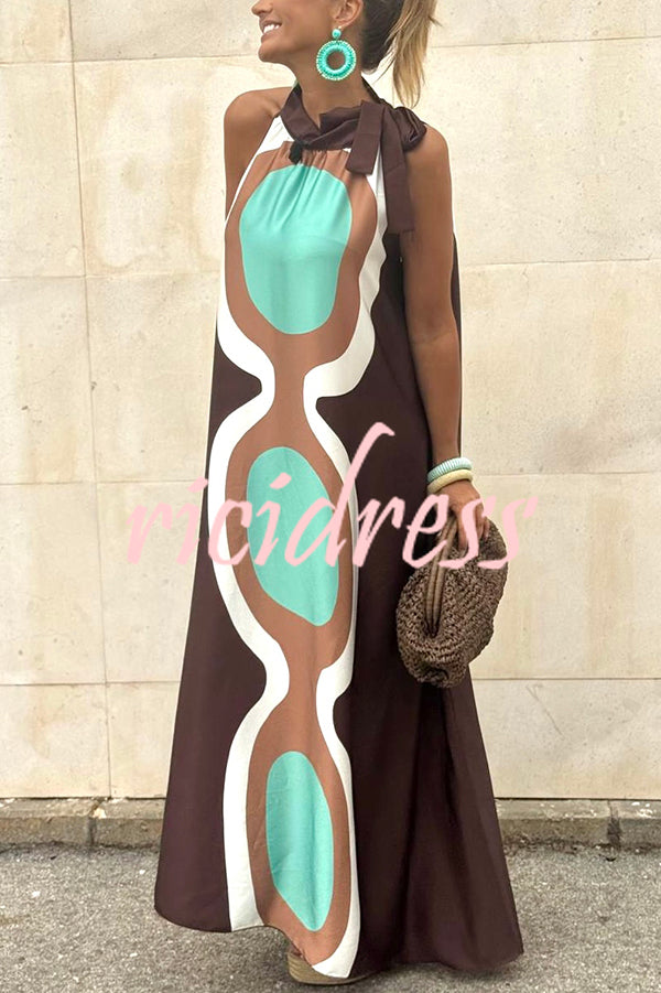 Unique Print Sleeveless Halter Neck Loose Holiday Maxi Dress