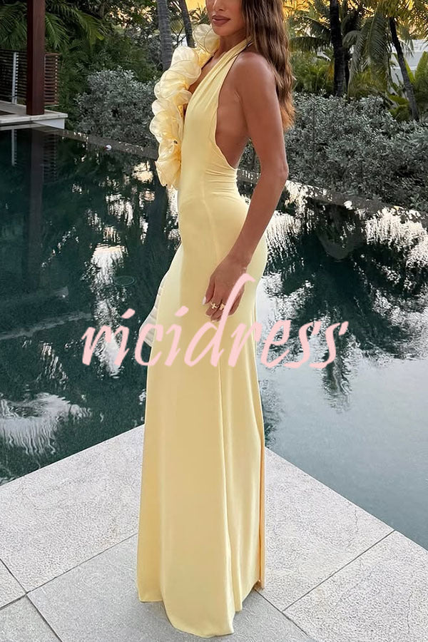 Vacay Mode Ruffles Trim Halter Backless Stretch Maxi Dress