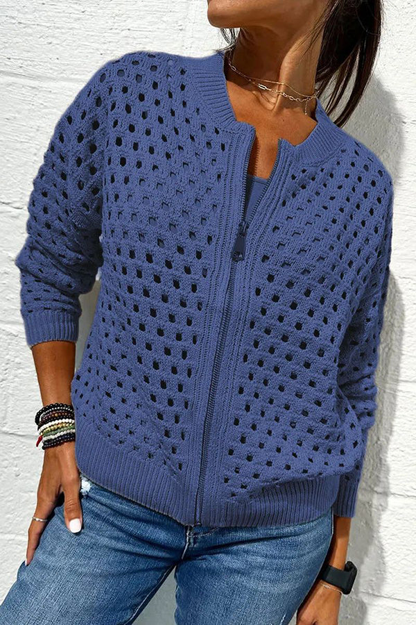 Solid Color Casual Knit Hollow Zipper Jacket