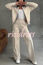 Solid Color Casual Long Sleeve Zipper Jacket and Elastic Waist Pocket Wide Leg Pants Set