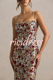 The Center of Attention Floral Print Sequin Square Neck Slip Stretch Maxi Dress