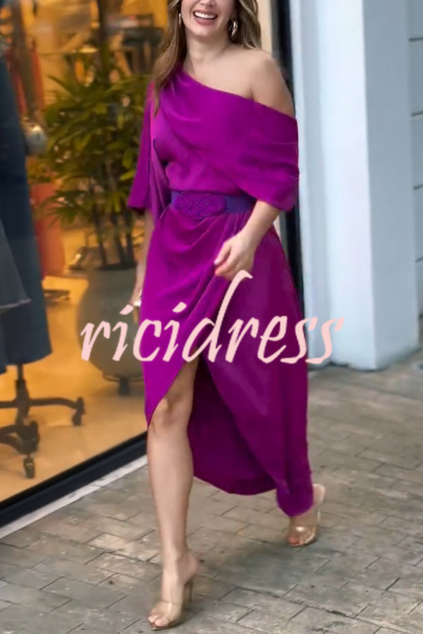 Whispered Yes Satin Irregular Lapel Neckline Design Ruched Maxi Dress