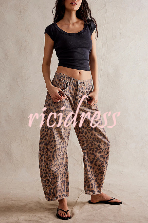 We The Free Denim Leopard Print Mid Rise Pocketed Barrel Jeans