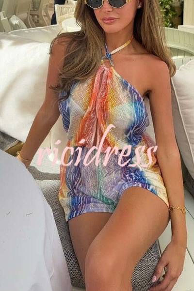 Imogen Sheer Colorful Zigzag Pattern Halter Neck Cutout Backless Loose Romper