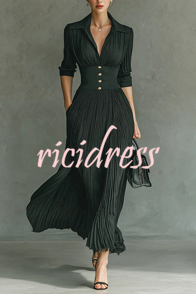 Fashionable Pleated Lapel Waist Button Maxi Dress