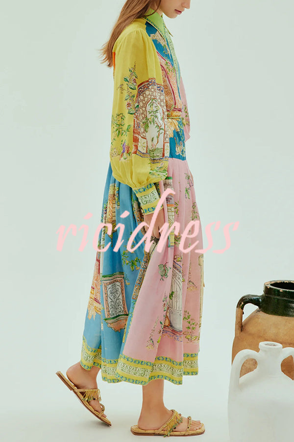 Unique Print Lapel Lantern Sleeve Single Breasted Tie Waist Midi Dress