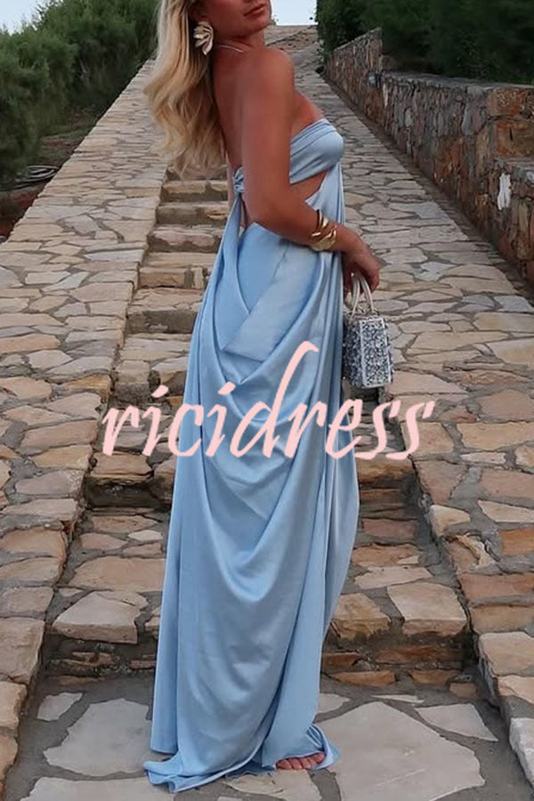 Cinderella Dream Satin Stone Ring Detail Cutout Halter Drape Maxi Dress