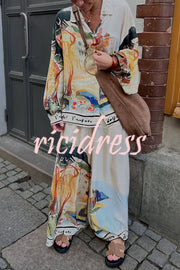Ellison Unique Print Button Up Long Balloon Sleeve Loose Blouse