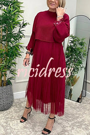 Fenna Ribbed Sequin Trim Batwing Sleeve Sweater and Pleated Tulle Stretch Tank Midi Dress Two-piece Set