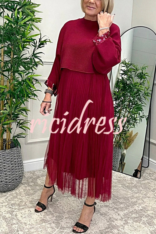 Fenna Ribbed Sequin Trim Batwing Sleeve Sweater and Pleated Tulle Stretch Tank Midi Dress Two-piece Set