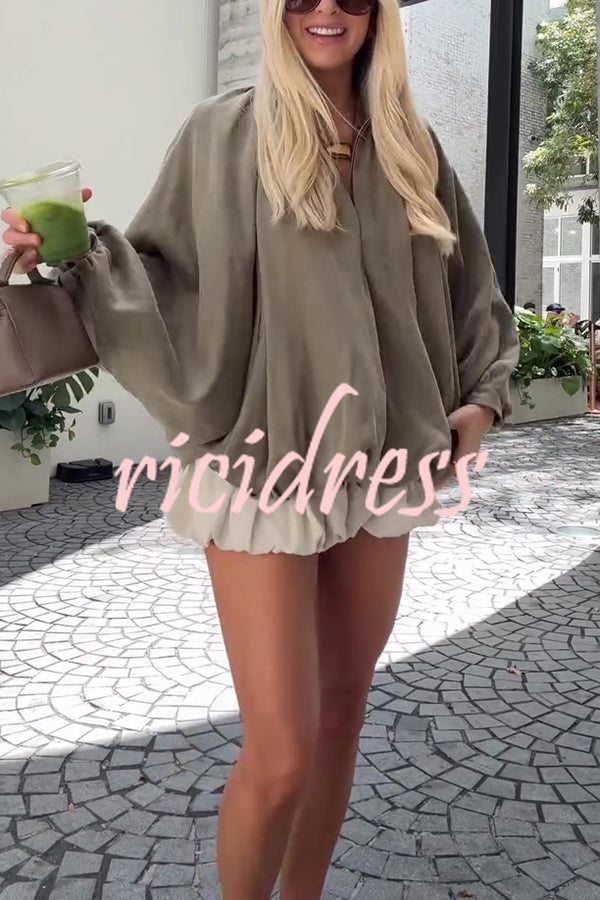Fashion Lapel Loose Puff Long Sleeve Casual Zipper Jacket